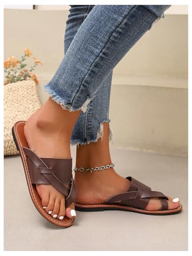 GORGLITTER Women's Leather Toe Ring Sandals Dressy Cute Summer Slip on Slides Wide Width Beach Vacation Flats Sandals3