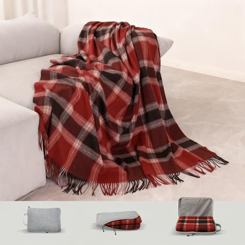 Pure Wool Plaid Throw Blanket Plaid Tartan Fringe Soft Cozy,83"x5...