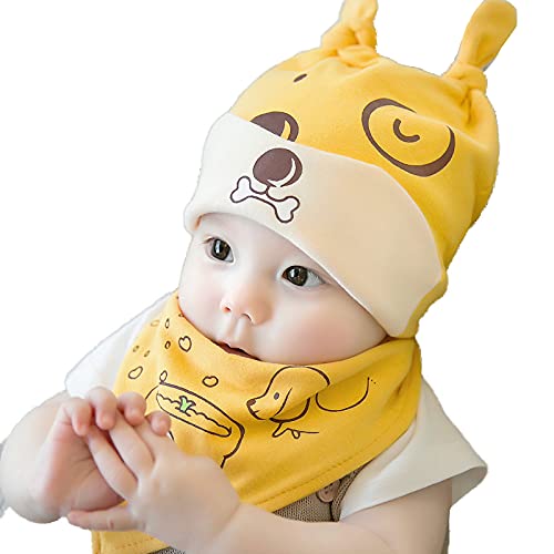 Little Dolphine Unisex Baby Cotton Hats and Bibs Puppy Image Lovely and Comfort (Yellow)