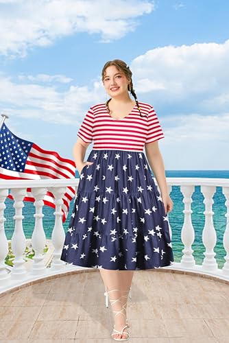 Image of CARCOS Plus Size Dresses for Women Summer Short Sleeve V Neck Patchwork Dresseses XL-5XL