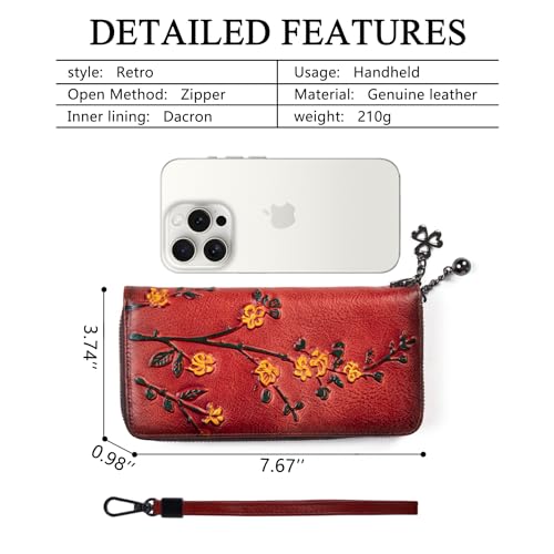 Image of Wallet Genuine Leather for Women - with RFID Blocking Card checkbook ID Slot Large Capacity Vintage style (flower red)