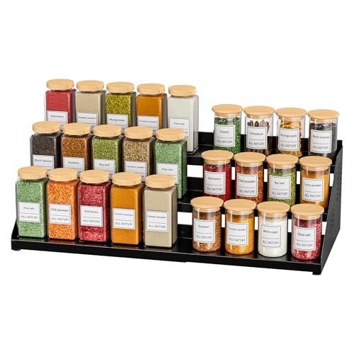 BOIVSHI Wide Extendable Spice Rack Standing, Black Kitchen Shelf for Inside Cupboard Organisation, Spice Cabinet for the Kitchen, No Drill