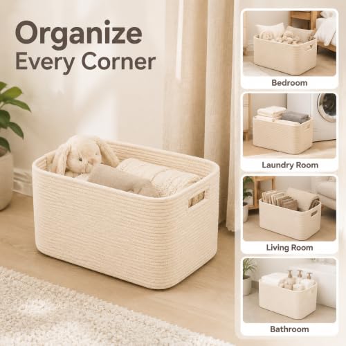 Image of 15.4GAL Woven Laundry Basket for Kids, Cute Boho Square storage basket for Living Room Decor, Baby Girls Boys Toys Stuffed Animal Decorative Short Hamper for Dirty Clothes, Bath Towel,Shoes Beige
