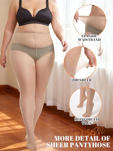 Image of Plus Size Sheer Tights for Women 20D Control Top Pantyhose Soft Stockings with Reinforced Toes 2 Pairs