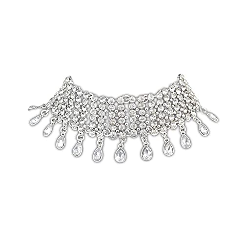 Joygulls Sexy Shining Crystal Full Rhinestone Choker Necklace Water Drop Pendant Necklace Statement Necklaces Wide Collar Necklaces for Lady Party Jewelry (Silver)