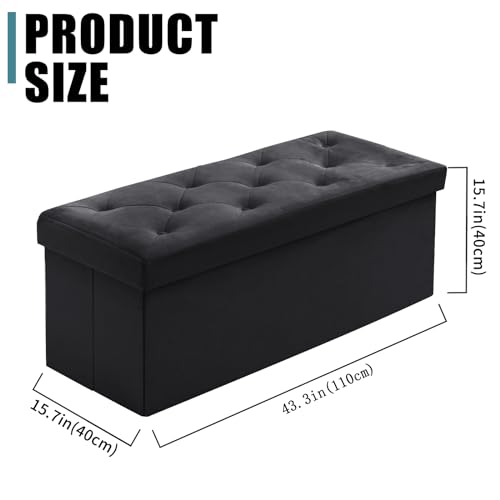 BRIAN & DANY 43 Inches Folding Storage Ottoman Bench, Velvet Ottoman with Storage for Living Room, Long Shoes Bench,Flannelette Footrest Benches Seat (Black)