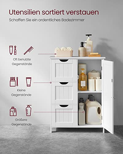VASAGLE Badezimmerschrank, schmaler Badschrank, Beistellschrank, Kommode, mit 3 Schubladen, Schranktür, verstellbare Ablage, 30 x 60 x 80 cm, wolkenweiß BBC49WT