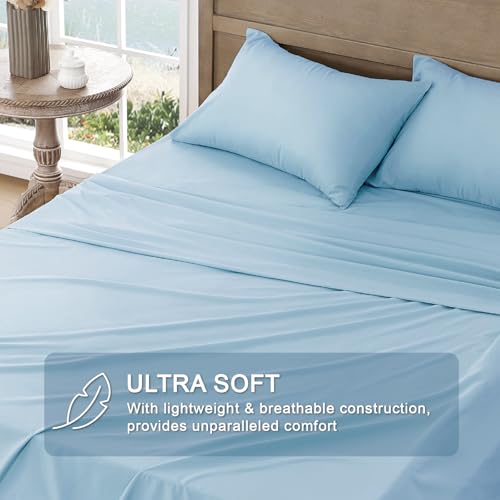 Image of FreshCulture California King Sheet Sets - Brushed Microfiber - Deep Pockets - Easy Care - Cooling & Breathable Bed Sheets - 4 Pieces Hotel Luxury Cal King Sheets (Light Blue)