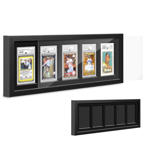 Sintuff Vitrina para tarjetas de 21.6 x 8.2 pulgadas, compatible con 5 marcos de exhibición de tarjetas clasificados comerciales, soporte de pared, funda de béisbol deportiva de madera con visión