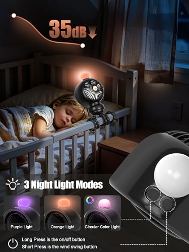 Image of Portable Stroller Fan with 135 Auto Oscillation, 3-Color LED Night Light, Rechargeable Battery & Flexible Tripod for Baby Stroller, Car Seat, Crib, Travel - Safe 6mm Gap Design