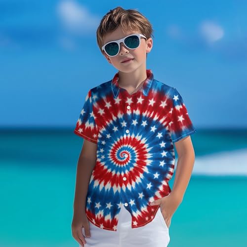 Image of Kids Tie-dye Hawaiian Shirt 80s Button Down Retro Short Sleeve Casual Beach Tropical Funny Party Outfits for Boys