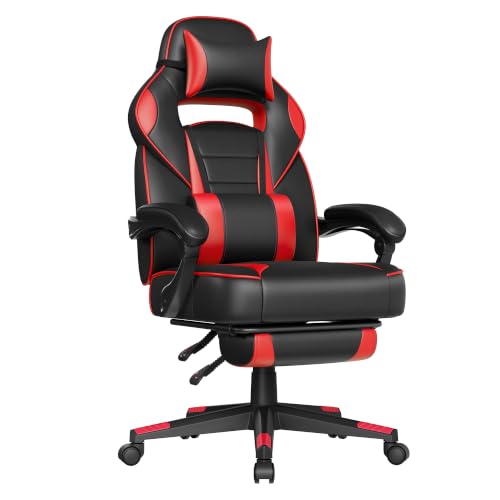 SONGMICS Sedia da Ufficio, Poltrona Racing Ergonomica, Poggiapiedi Telescopico, Schienale Inclinabile, Poggiatesta e Supporto Lombare, Portante di 150 kg, Nero Inchiostro e Rosso Fragola OBG73BRV1