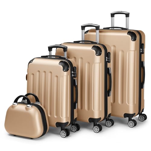 LALAHO Kofferset 4 teilig, Reisekoffer Set mit Kosmetikkoffer, Hartschalen Koffer Set aus ABS, Gepäckset mit Schminkkoffer, Handgepäck und 4 Eckenschützern, Champagnergold LALAHO Kofferset 4 teilig, Reisekoffer Set mit Kosmetikkoffer, Hartschalen Koffer Set aus ABS, Gepäckset mit Schminkkoffer, Handgepäck und 4 Eckenschützern, Champagnergold
