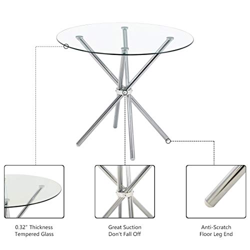 Round Glass Dining Table With Clear Tempered Glass Top, 4 Chrome Legs Round Table For 2 Or 4 Person, Modern Kitchen Table Furniture For Home Office Kitchen Dining Room(W 35.4 X L 35.4 X H 29.5 Inch) #TOP1