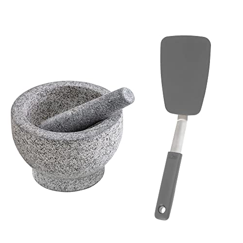 Gorilla Grip Mortar and Pestle Set and Silicone Spatula, Mortar and Pestle Set Holds 2 Cups, Spatula is Heat Resistant, Both in Gray Color, 2 Item Bundle