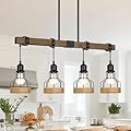 Kitchen Island Lighting Ceiling 4-Light Dining Room Light Fixture Hanging, Rustic Linear Chandelier with Solid Wood Modern Kitchen Pendant Light Over Island Farmhouse Dining Light Metal Lampshade
