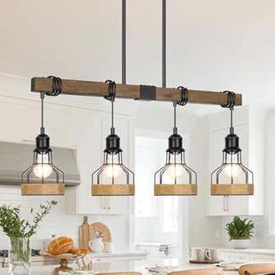 Kitchen Island Lighting Ceiling 4-Light Dining Room Light Fixture Hanging, Rustic Linear Chandelier with Solid Wood Modern Kitchen Pendant Light Over Island Farmhouse Dining Light Metal Lampshade