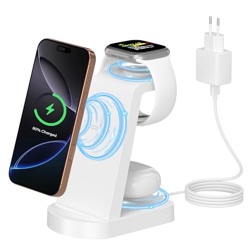 Wireless Charging Station, 3 in 1 Charging Station, Wireless Charger (with 18W Adapter) Wireless Charger Compatible with iPhone 16/15/14/13/12 Pro/ProMax, Apple Watch Ultra/10/9/8/7/6/5/4/SE AirPods