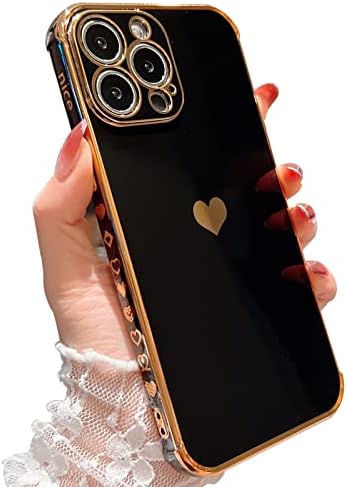 CloudValley Designed for iPhone 13 Pro Max Case with Camera Protection, Luxury Cute Love Heart Plating Gold Edge Soft TPU Rubber Slim Protective Bumper Cover for Women Girls, Black