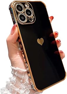 CloudValley Designed for iPhone 13 Pro Max Case with Camera Protection, Luxury Cute Love Heart Plating Gold Edge Soft TPU Rubber Slim Protective Bumper Cover for Women Girls, Black