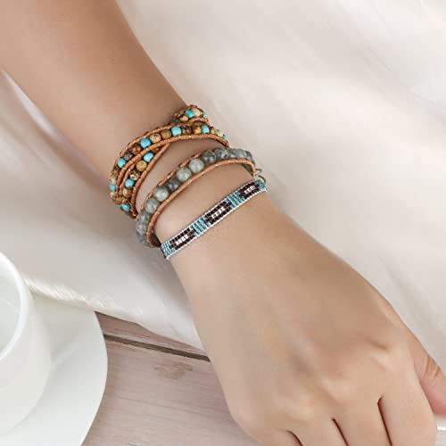 Image of KELITCH Double Wrap Bracelet Women Hand-Braided Turquoise Beads Bracelets Boho Leather Bracelets Bangle
