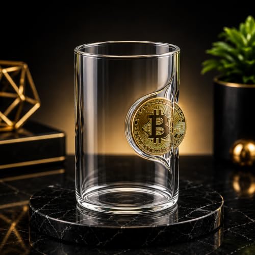 Image of Bitcoin Embedded Glass Tumbler, Unique Crypto Coin Design Drinking Glass Clear Transparent Glass for Water, Coffee & Beverages
