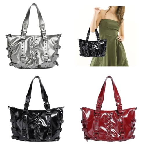 Fashionable Large Capacity PU Leather Motorcycle Shoulder Handbag Punk Rivets Crisscross Ties Underarm Bag for Women3