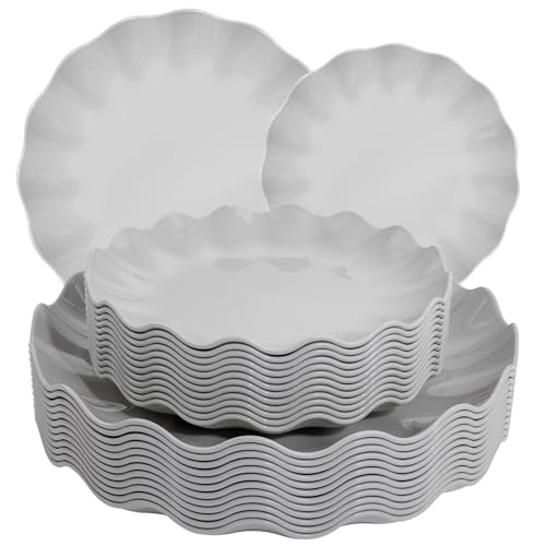 LIYH 24 Pcs Plastic Grey Scalloped Plates Reusable, Unbreakable Dinner