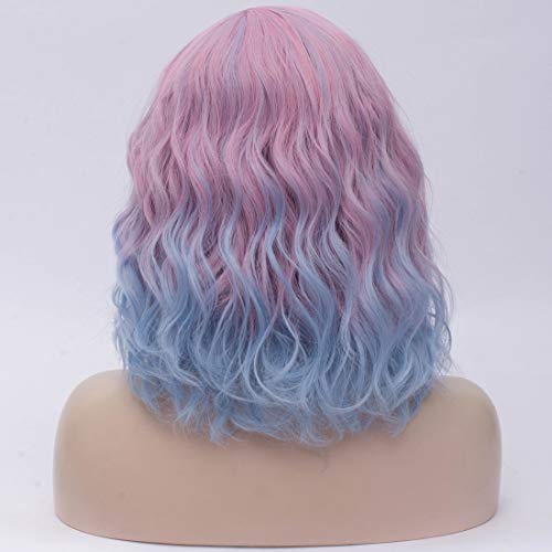 Cying Lin Short Bob Wavy Curly Wig Pink Ombre Blue Wig For Women Cosplay Halloween Wigs Heat Resistant Bob Party Wig Include Wig Cap (Pink Ombre Blue)