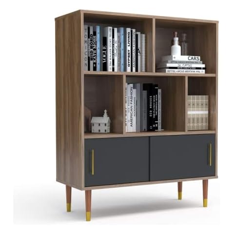mecor Retro Bookcase, 3-Tier Bookshelf Storage Shelves w/Sliding Door Cabinet and Open Shelves for Books, Photos, Decorations in Living Room Office Library, Walnut/Black Cover