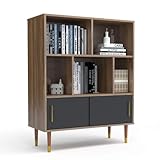 mecor Retro Bookcase, 3-Tier Bookshelf Storage Shelves w/Sliding Door Cabinet and Open Shelves for Books, Photos, Decorations in Living Room Office Library, Walnut/Black