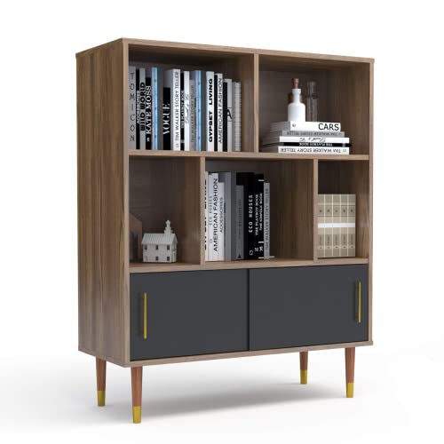 Cube Bookshelf 3 Tier Mid-Century Modern Bookcase with Doors & Legs, Retro Wood Storage Organizer Shelf, Free Standing Open Book Shelves Rustic Brown Display Bookcases for Bedroom, Living Room, Office - Thumbnail 5