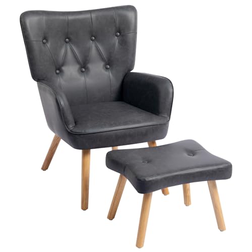 HollyHOME Ohrensessel mit Hocker Sessel mit Hocker Sessel Wohnzimmer & Schlafzimmer Relaxsessel Lesesessel Lounge Sessels Armlehnensessel, Dunkelgrau PU