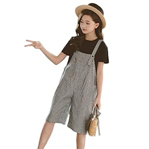 VIISEN Children’s Clothes, Girls, 2-Piece Set, Suit Cami, Dress, Short Sleeve, T-shirt, Checkered, Suspender Pants, Daily Use, Casual, School, Elementary School, Clothes, School Style, Daily Wear, Travel, Summer, 39.4 – 63.0 inches (100 – 160 cm)
