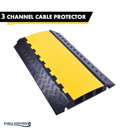 Image of Kable Kontrol Atlas Heavy Duty Cable Protector Ramp - 3 Channel - 1 Pc - 36 inch Long Black & Yellow - 44000 Lbs Capacity - Rubber Speed Bump Wire Protector Cord Cover - CP9986