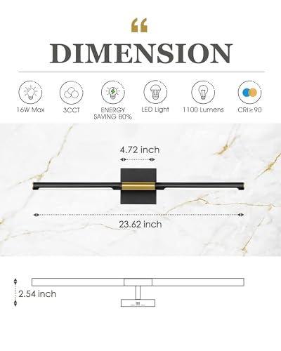 Image of 24 Inch Bathroom Light Fixtures, 16W 3CCT Dimmable CRI90 Black and Gold LED Vanity Lighting Fixtures Over Mirror, 360 Rotatable Modern Bathroom Vanity Light Bar, AD-W9465-L60-BK