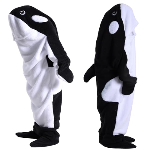 Deserthome Wearable Whale Blanket Onesie for Adult Costume Super Soft Comfortable Whale Hoodie Black Whale for 47-55in Height
