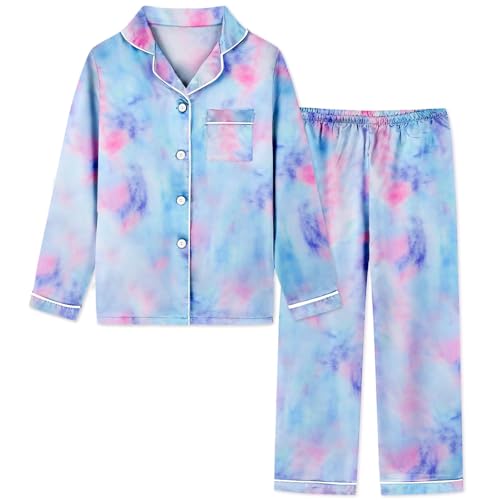 Schbbbta Girls Satin Pajamas Set, Kids Tie Dye Long Sleeve Button Up Shirt Pants, 2Pcs Loungewear Nightwear for Girls, Tie Dye Pink-Blue, 3-4T