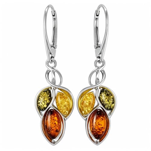 GIA Certified Multicolor Baltic Amber Earrings “April” in 925 Sterling Silver – Green Honey Cognac Amber Drop Dangle Earrings for Women, Leverback Closure
