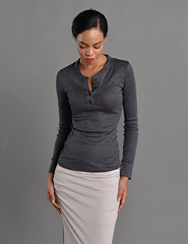 NEARKIN (NKNKWBT68 B   eloved Womens Slim Cut Raw Edge Long Sleeve Henley Tshirts Charcoal US L(Tag Size XL)