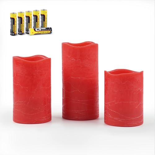 Rhytsing 3 Rot flammenlose Kerzen Rustik-Design, LED Wachskerzen Timer-Funktion mit Batterien enthalten