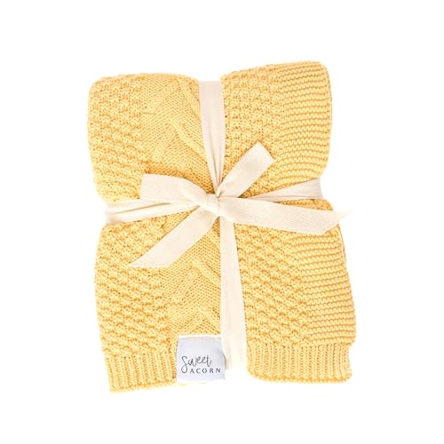 Image of Sweet Acorn Knit Baby Blanket in Elegant Pattern, Organic Cotton Blankets for Crib or Stroller, Receiving Blankets - Butter Yellow
