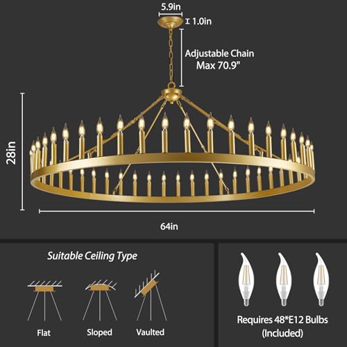 Gold Wagon Wheel Chandelier, 64 Inch Chandeliers with Candle Shade, 48-Light Large Chandelier for High Ceiling Dimmable, Farmhouse Chandeliers for Living Room, Entryway, Stair(Bulbs Included) by VARTTYAL - Image 5