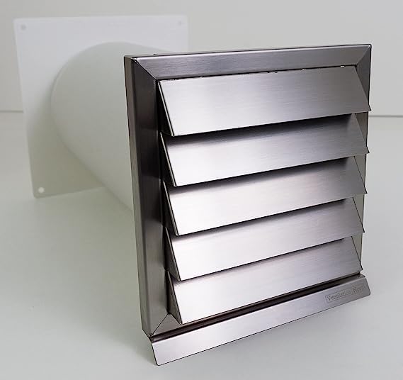 Energiespar Mauerkasten aus Edelstahl Ø 150 mm mit zwei Rückstauklappen, Anschraubbar, mit Dichtung zwischen Fassade und Gitter (Mauerkasten Ø150)