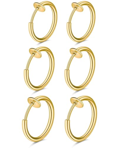 HUVZOR 3 paires de boucles d'oreilles clips en acier inoxydable pour femmes, hommes ou filles, sans perçage, imitant les boucles d'oreilles anneaux (dorés)
