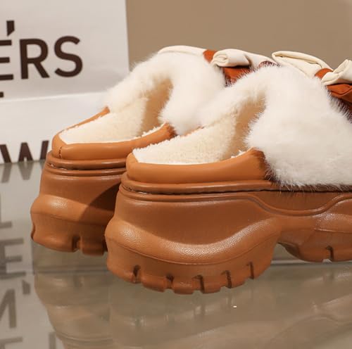 Chunky Heel Bowknot Plush Slippers Women’s Warm Fleece - Lined Non - Slip EVA Sole Indoor Outdoor House Shoes2