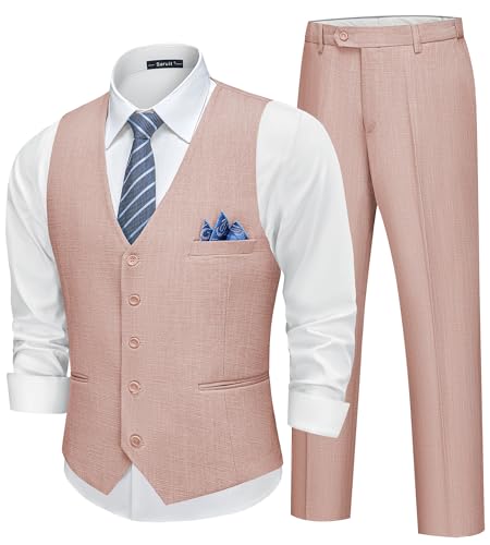 Men’s Linen Suit Slim Fit 2 Piece Lightweight Summer Suits Beach Wedding Vest Pants Set
