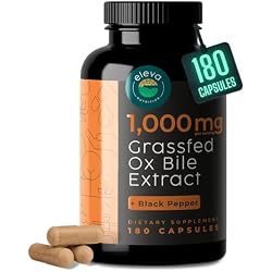 Grass-Fed Ox Bile 1000mg Extract - Digestive Enzymes Support - Ox Bile Salts for No Gallbladder - Supplements with Black Pepper - Supports Digestive Health - Bovine Salts Supplement - 180 Count