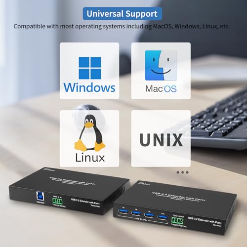 Image of Kinan USB 3.2 Extender via Cat6a /Cat7 330FT 100m, Only One Power Supply Required, 4 Port USB 3.2, RS232 FSYNC USB 3.0 Extender, Keyboard Mouse USB Over Ethernet, Plug and Play, A Pair, New Version