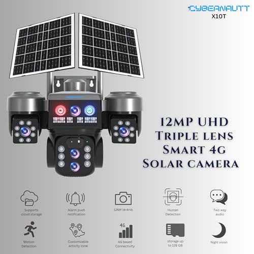 Image of XUGA - Cybernautt X10T-S 12MP 3 Lens PTZ Solar 4G Sim Outdoor CCTV Camera with 3 View | 360 | Night Vision | Motion Detection| 10X Optical Zoom | RGB Light | Dual Solar Panel | Use Air-tel 4G Sim